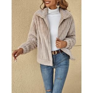 Zip Up quilted fleece fuzzy Teddy Jacket tan